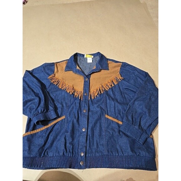 Vintage Denim Fringe Western Bomber Shirt Jean Denim Blue Brown Cowgirl Style XL - Picture 1 of 10